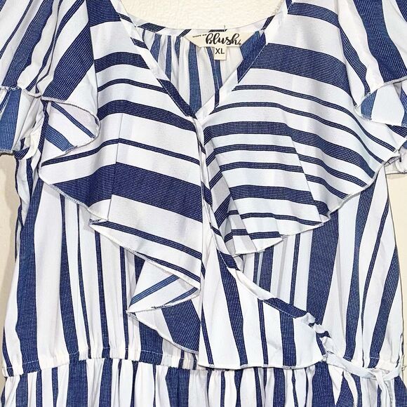 Blue White Off The Shoulders Ruffles Striped Maxi Sun Dress Size XL Womens - Picture 4 of 15